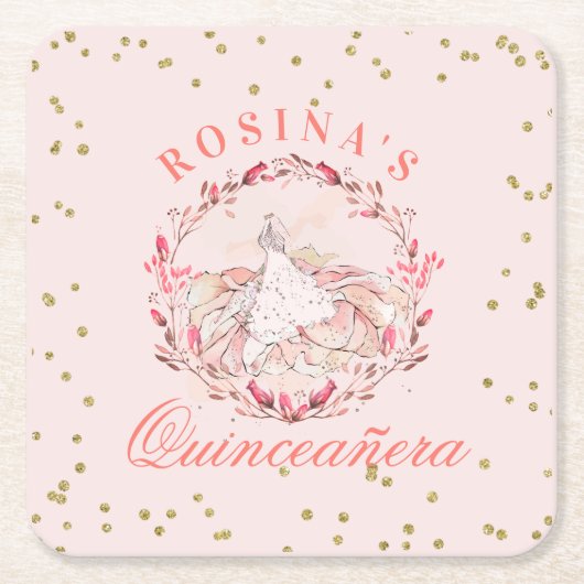 キンセアニラバラピンクお祝い スクエアペーパーコースター (正面)