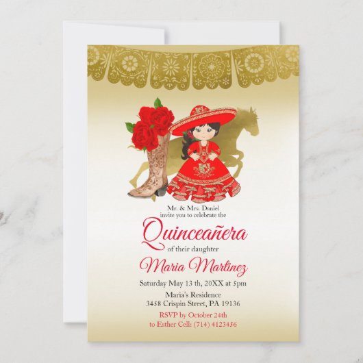 キンセアニラバラブルゴーニュ金ゴールドメキシコ誕生日 招待状 (正面)