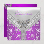 キンセアニラバースデーパーティーパープルホワイトバタフライ 招待状 (正面/裏面)