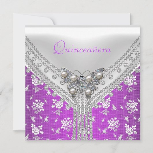 キンセアニラバースデーパーティーパープルホワイトバタフライ 招待状 (正面)