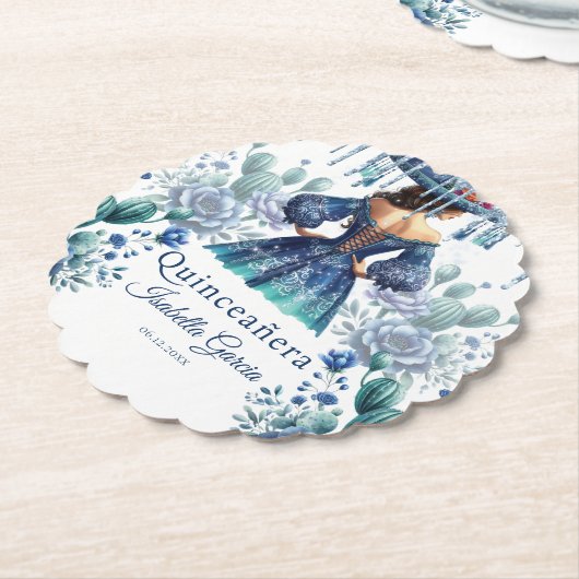 キンセアニラパーソナライズされたウォーターカラーブルーメキシコ ペーパーコースター (アングル)