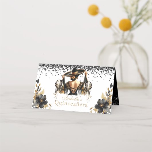 キンセアニラパーソナライズされたラグジュアリーブラック金ゴールド プレイスカード (裏面)