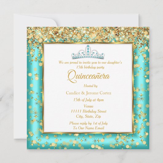 キンセアニラパーティーティール（緑がかった色）ドレスハイヒール金ゴールド 招待状 (裏面)