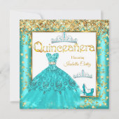 キンセアニラパーティーティール(緑がかった色)ドレスハイヒール金ゴールド 招待状 (正面)