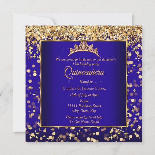 キンセアニラパーティー王室のブルードレスハイヒール金ゴールド 招待状 (裏面)