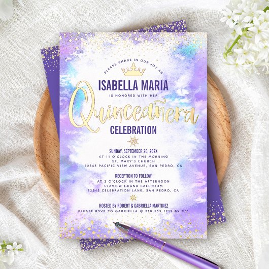 キンセアニラパープルウォーターカラーシッククラウン実在金ゴールド 箔招待状