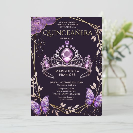 キンセアニラパープルティアラフローラルバタフライスペイン 招待状 (スタンド正面)