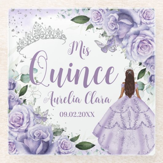 キンセアニラパープルバラフローラシルバープリンセス ガラスコースター (正面)