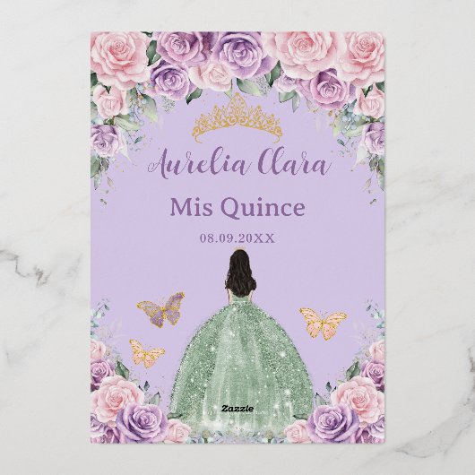 キンセアニラパープルピンクフローラセージグリーンドレス 箔招待状 (裏面)