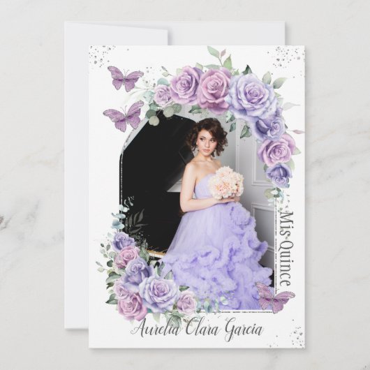 キンセアニラパープルフローラバラ蝶の写真 招待状 (正面)