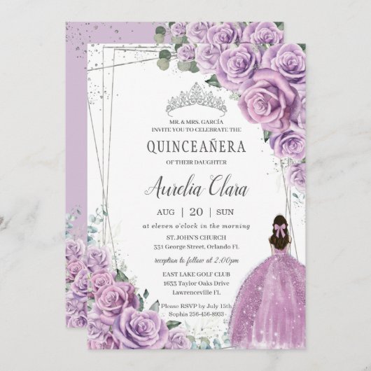 キンセアニラパープルフローラプリンセスシルバー誕生日 招待状 (正面/裏面)