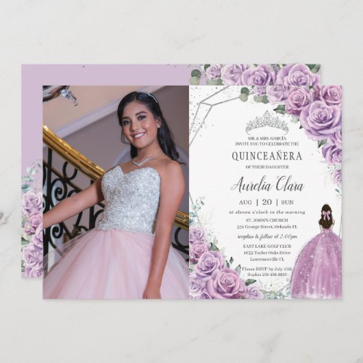 キンセアニラパープルフローラプリンセスシルバー誕生日 招待状 (正面/裏面)