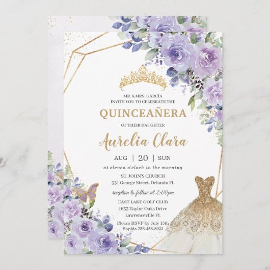 キンセアニラパープルフローラプリンセス金ゴールドガウンティアラ 招待状 (正面/裏面)