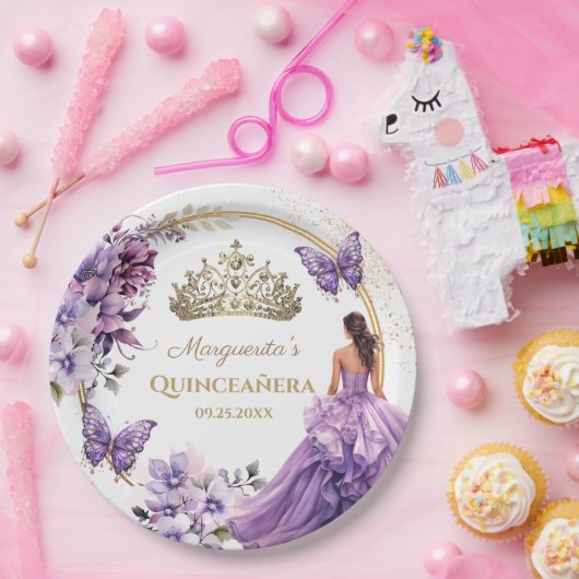 キンセアニラパープルフローラ金ゴールドティアラバタフライ ペーパープレート (パーティー)