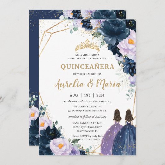 キンセアニラパープル薄紫ネイビーブルーフローラツインズ 招待状 (正面/裏面)