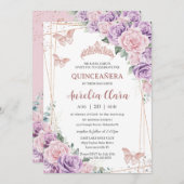 キンセアニラパープル薄紫ピンクフローラバラ金ゴールド 招待状 (正面/裏面)