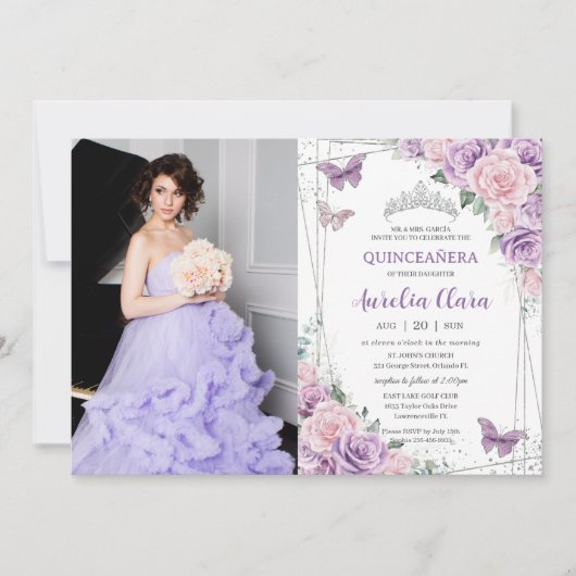 キンセアニラパープル薄紫ピンクフローラ蝶 招待状 (正面)