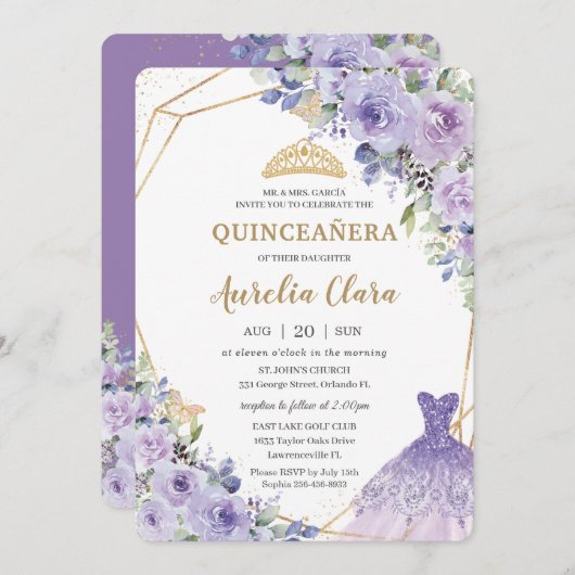 キンセアニラパープル薄紫フローラティアラプリンセス 招待状 (正面/裏面)