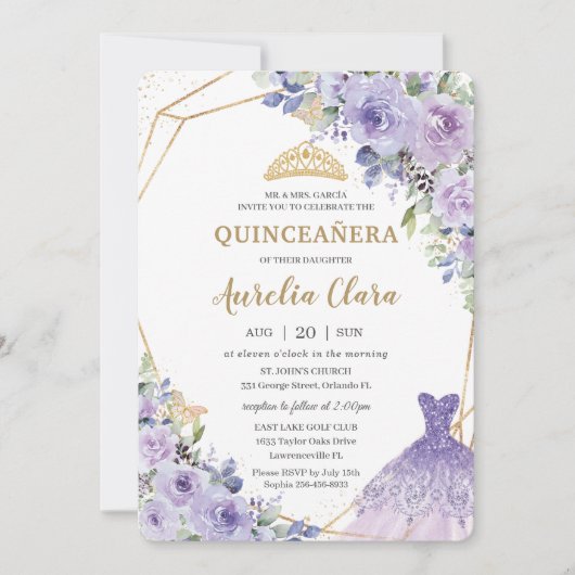 キンセアニラパープル薄紫フローラティアラプリンセス 招待状 (正面)