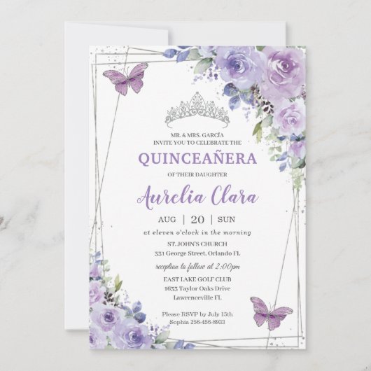 キンセアニラパープル薄紫フローラ蝶シルバー 招待状 (正面)