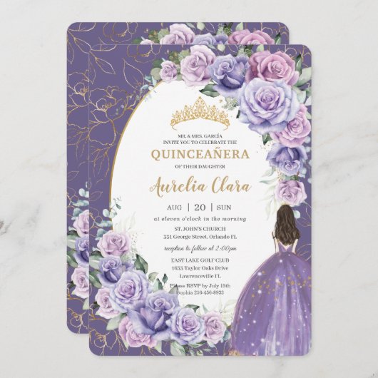 キンセアニラパープル薄紫フローラ金ゴールドプリンセス 招待状 (正面/裏面)