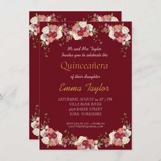 キンセアニラピオニーフローラブルゴーニュ誕生日 招待状 (正面/裏面)