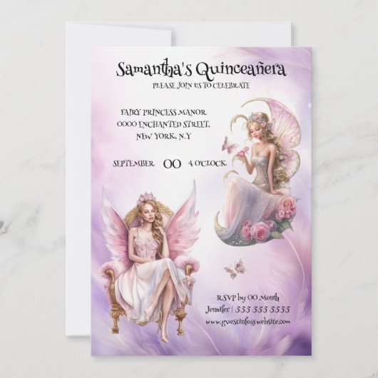 キンセアニラピンクお洒落の妖精の女の子の水色 招待状 (正面)