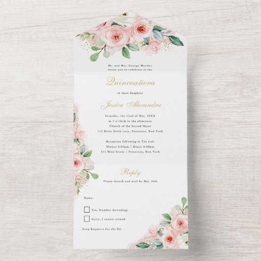 キンセアニラピンクと金ゴールド水彩花 オールインワン招待状 (内側)