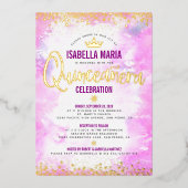 キンセアニラピンクウォーターカラークラウン実在ガーリー金ゴールド 箔招待状 (正面)