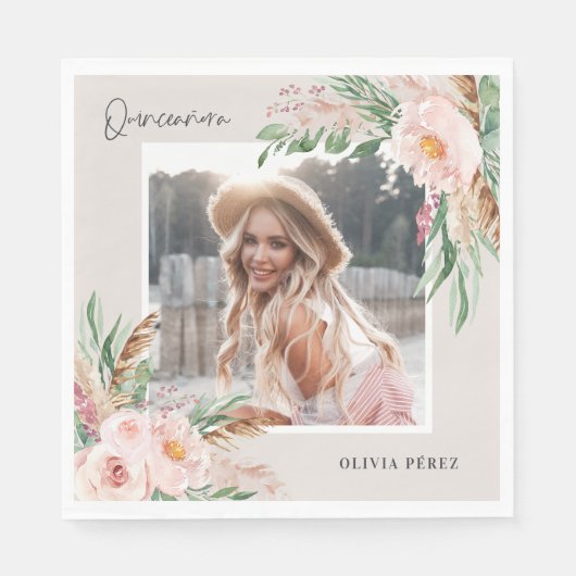 キンセアニラピンクガーリーのフローラ写真の誕生日Invite スタンダードランチョンナプキン (正面)