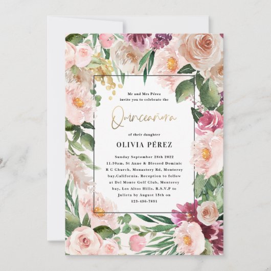 キンセアニラピンクガーリーフローラエレガント誕生日 招待状 (正面)