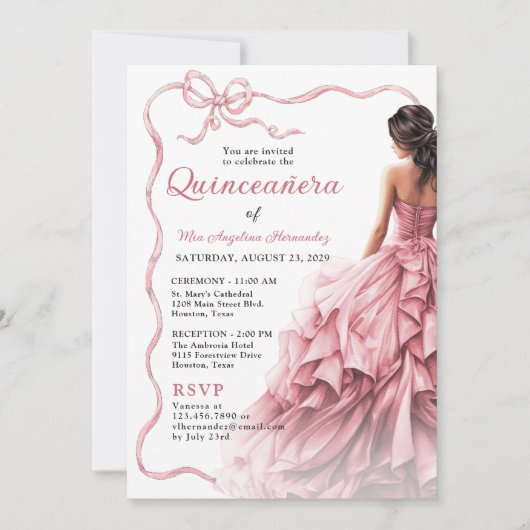キンセアニラピンクドレススカロップドリボンの弓の写真 招待状 (正面)