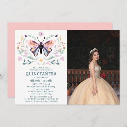 キンセアニラピンクパープルバタフライフォトフローラ 招待状 (正面/裏面)