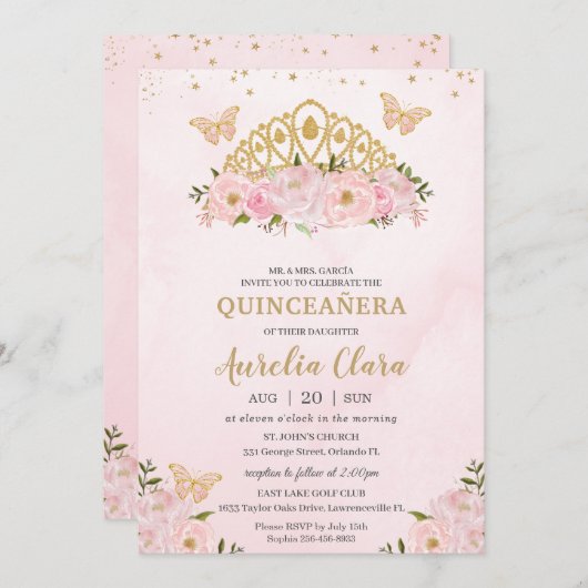 キンセアニラピンクフローラ蝶プリンセスクラウン 招待状 (正面/裏面)