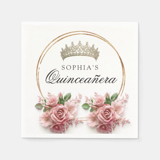 キンセアニラピンクローズクラウン誕生日デコール スタンダードカクテルナプキン (正面)