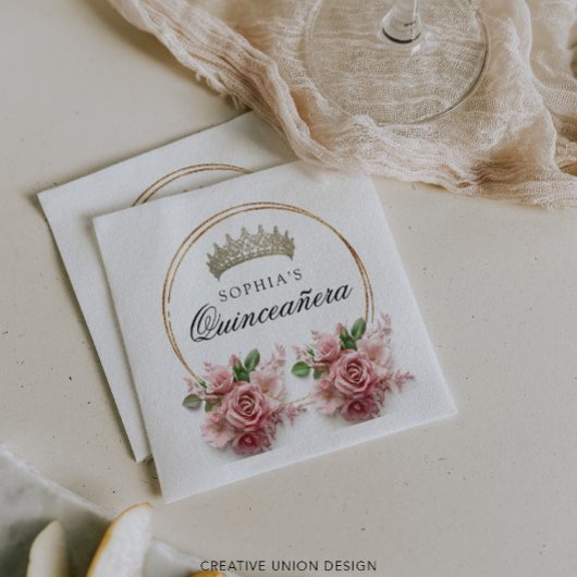 キンセアニラピンクローズクラウン誕生日デコール スタンダードカクテルナプキン