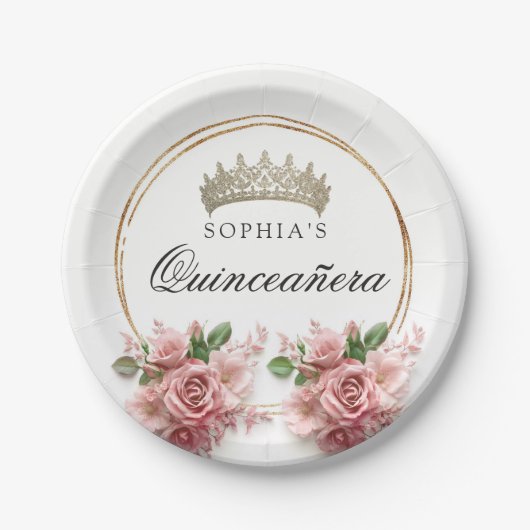 キンセアニラピンクローズクラウン誕生日デコール ペーパープレート (正面)