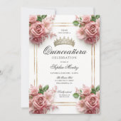 キンセアニラピンクローズ金ゴールドフレーム15誕生日 招待状 (正面)