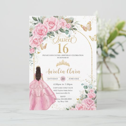 キンセアニラピンクローゼスフローラブルネットガール金ゴールド 招待状 (スタンド正面)