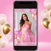 キンセアニラピンク金ゴールド誕生日写真招待状 招待状