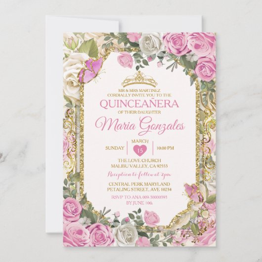 キンセアニラピンク&金ゴールドクラウンメキシコバタフライ 招待状 (正面)