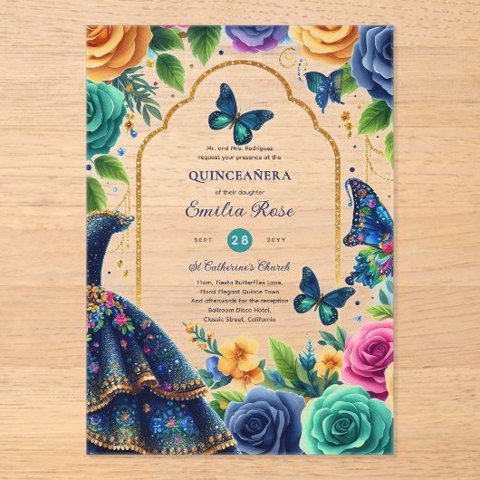 キンセアニラフィエスタバタフライクインズドレスバラ アクリル招待状 (正面)