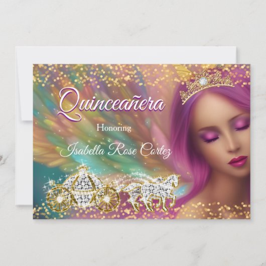 キンセアニラフェアユタリーパープルピンク金ゴールドキャリッジ 招待状 (正面)