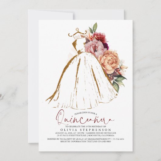 キンセアニラフローラ金ゴールドドレス15誕生日 招待状 (正面)