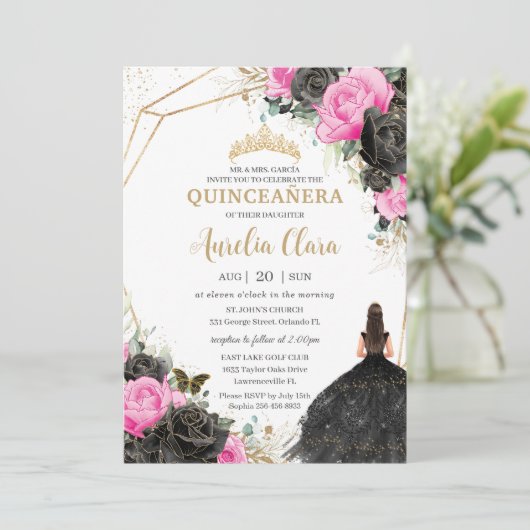 キンセアニラブラックドレス明るい赤紫色フローラプリンセス 招待状 (スタンド正面)