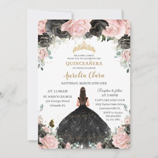 キンセアニラブラックピンクローズフローラプリンセスドレス 招待状 (正面)