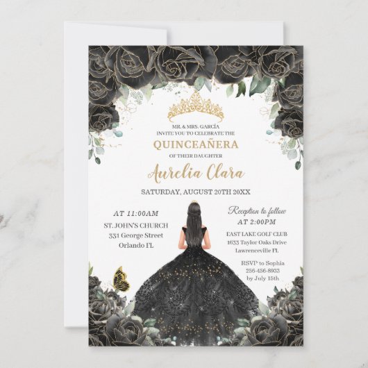 キンセアニラブラックフローラフラワーガールドレス金ゴールド 招待状 (正面)