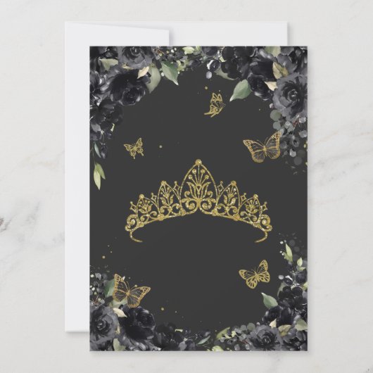 キンセアニラブラックフローラ蝶、ドレスの女の子 招待状 (裏面)