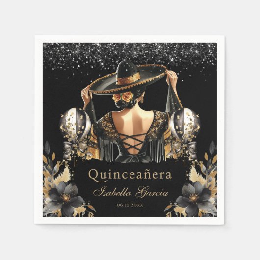 キンセアニラブラック金ゴールドウォーターカラーメキシコガール スタンダードカクテルナプキン (正面)