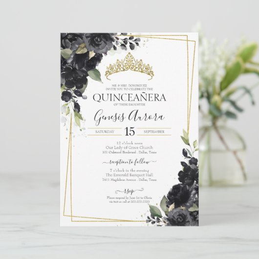 キンセアニラブラック&金ゴールドエレガントウォーター色フローラ 招待状 (スタンド正面)